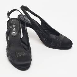 Pre Owned Chanel Black Leather and Satin Cap Toe Slingback Pumps Size 37.5