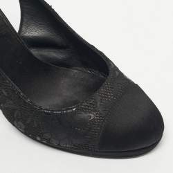 Pre Owned Chanel Black Leather and Satin Cap Toe Slingback Pumps Size 37.5