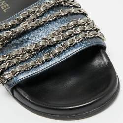 Pre Owned Chanel Metallic Leather CC Pool Slide Sandals Size 41