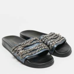 Pre Owned Chanel Metallic Leather CC Pool Slide Sandals Size 41