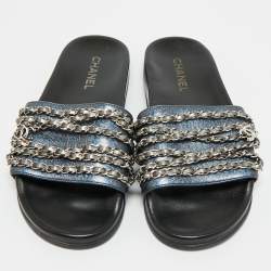 Pre Owned Chanel Metallic Leather CC Pool Slide Sandals Size 41