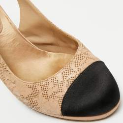 Pre Owned Chanel Beige/Black Leather And Satin Cap-Toe Slingback Pumps Size 37.5