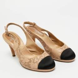 Pre Owned Chanel Beige/Black Leather And Satin Cap-Toe Slingback Pumps Size 37.5