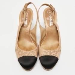 Pre Owned Chanel Beige/Black Leather And Satin Cap-Toe Slingback Pumps Size 37.5