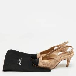 Pre Owned Chanel Beige/Black Leather And Satin Cap-Toe Slingback Pumps Size 37.5