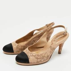 Pre Owned Chanel Beige/Black Leather And Satin Cap-Toe Slingback Pumps Size 37.5