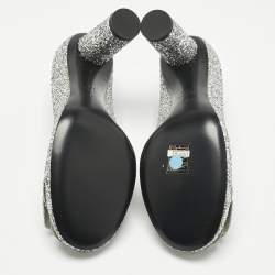 Pre Owned Chanel Metallic Silver Glitter CC Camelia Block Heel Pumps Size 39