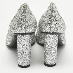 Pre Owned Chanel Metallic Silver Glitter CC Camelia Block Heel Pumps Size 39