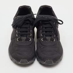 Pre Owned Chanel Black/White Nylon and Leather CC Low Top Sneakers Size 39.5