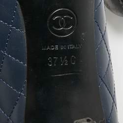 Pre Owned Chanel Navy Blue/Black Leather CC Mary Jane Pumps Size 37.5