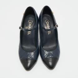 Pre Owned Chanel Navy Blue/Black Leather CC Mary Jane Pumps Size 37.5
