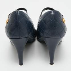 Pre Owned Chanel Navy Blue/Black Leather CC Mary Jane Pumps Size 37.5