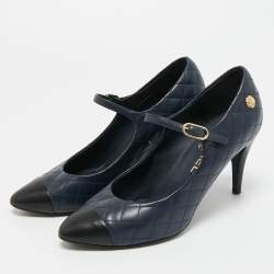 Pre Owned Chanel Navy Blue/Black Leather CC Mary Jane Pumps Size 37.5