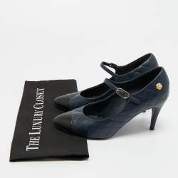 Pre Owned Chanel Navy Blue/Black Leather CC Mary Jane Pumps Size 37.5