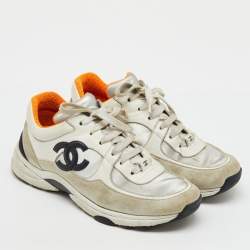 Pre Owned Chanel Grey/White Suede and Leather CC Low Top Sneakers Size 38.5