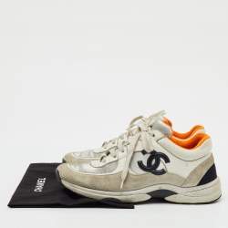 Pre Owned Chanel Grey/White Suede and Leather CC Low Top Sneakers Size 38.5