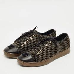 Pre Owned Chanel Gold/Black Mesh and Leather CC Low Top Sneakers Size 41.5