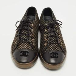 Pre Owned Chanel Gold/Black Mesh and Leather CC Low Top Sneakers Size 41.5