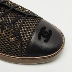 Pre Owned Chanel Gold/Black Mesh and Leather CC Low Top Sneakers Size 41.5