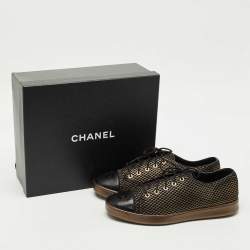 Pre Owned Chanel Gold/Black Mesh and Leather CC Low Top Sneakers Size 41.5