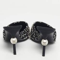 Pre Owned Chanel Black/White Canvas and Tweed CC Cap Toe Mules Size 38