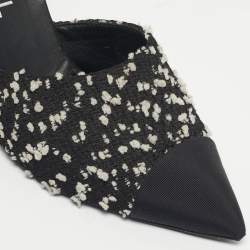 Pre Owned Chanel Black/White Canvas and Tweed CC Cap Toe Mules Size 38
