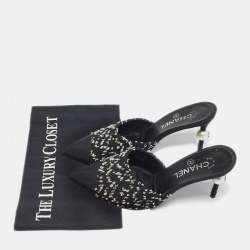 Pre Owned Chanel Black/White Canvas and Tweed CC Cap Toe Mules Size 38