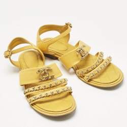 Pre Owned Chanel Yellow Leather Chain CC Ankle Strap Sandals Size 40