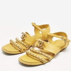Pre Owned Chanel Yellow Leather Chain CC Ankle Strap Sandals Size 40