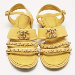 Pre Owned Chanel Yellow Leather Chain CC Ankle Strap Sandals Size 40