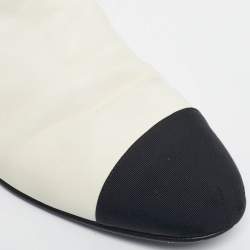 Pre Owned Chanel Ivory/Black Leather Logo Cap Toe Ankle Length Boots Size 38.5