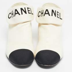 Pre Owned Chanel Ivory/Black Leather Logo Cap Toe Ankle Length Boots Size 38.5