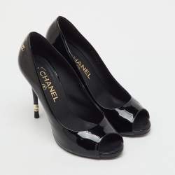 Pre Owned Chanel Black Patent Leather Peep Toe Pumps Size 38