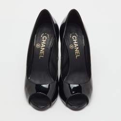 Pre Owned Chanel Black Patent Leather Peep Toe Pumps Size 38