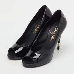 Pre Owned Chanel Black Patent Leather Peep Toe Pumps Size 38