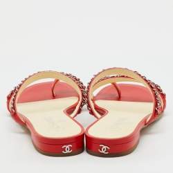 Pre Owned Chanel Red Leather CC Chain Link Strappy Flat Sandals Size 38.5