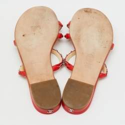Pre Owned Chanel Red Leather CC Chain Link Strappy Flat Sandals Size 38.5
