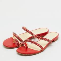 Pre Owned Chanel Red Leather CC Chain Link Strappy Flat Sandals Size 38.5
