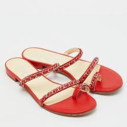 Pre Owned Chanel Red Leather CC Chain Link Strappy Flat Sandals Size 38.5