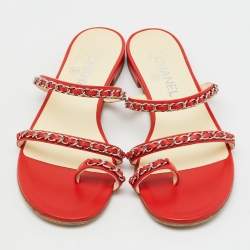 Pre Owned Chanel Red Leather CC Chain Link Strappy Flat Sandals Size 38.5