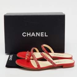Pre Owned Chanel Red Leather CC Chain Link Strappy Flat Sandals Size 38.5