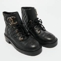 Pre Owned Chanel Black Quilted Leather Chain Combat Ankle Boots Size 37