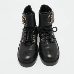 Pre Owned Chanel Black Quilted Leather Chain Combat Ankle Boots Size 37