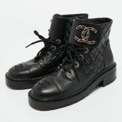 Pre Owned Chanel Black Quilted Leather Chain Combat Ankle Boots Size 37