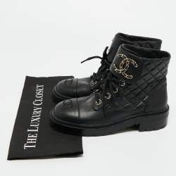 Pre Owned Chanel Black Quilted Leather Chain Combat Ankle Boots Size 37