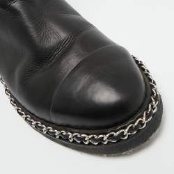 Pre Owned Chanel Black Leather CC Cap Toe Chain detail Ankle Length Boots Size 38