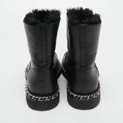 Pre Owned Chanel Black Leather CC Cap Toe Chain detail Ankle Length Boots Size 38