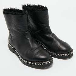 Pre Owned Chanel Black Leather CC Cap Toe Chain detail Ankle Length Boots Size 38