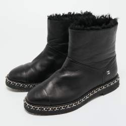 Pre Owned Chanel Black Leather CC Cap Toe Chain detail Ankle Length Boots Size 38