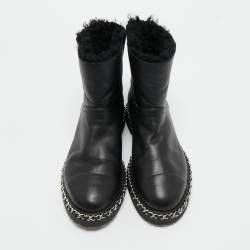 Pre Owned Chanel Black Leather CC Cap Toe Chain detail Ankle Length Boots Size 38
